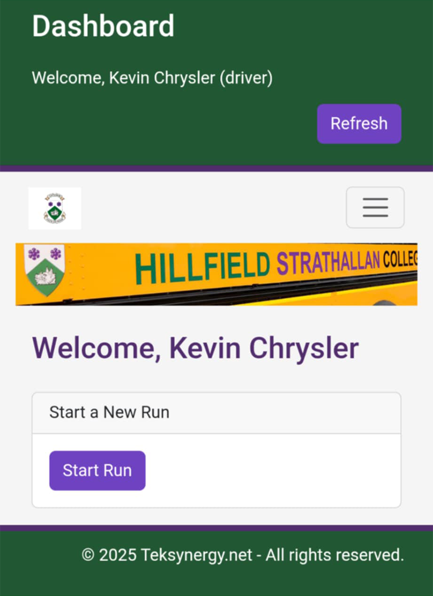 Dashboard showing welcome text and a prominent Start New Run button for drivers without an active run